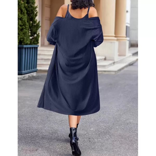 imageEkouaer Womens Knit Robe Set 2 Piece Nightgown with Robes Long Sleeves Lounge Sets with Pockets S 3XLNavy Blue