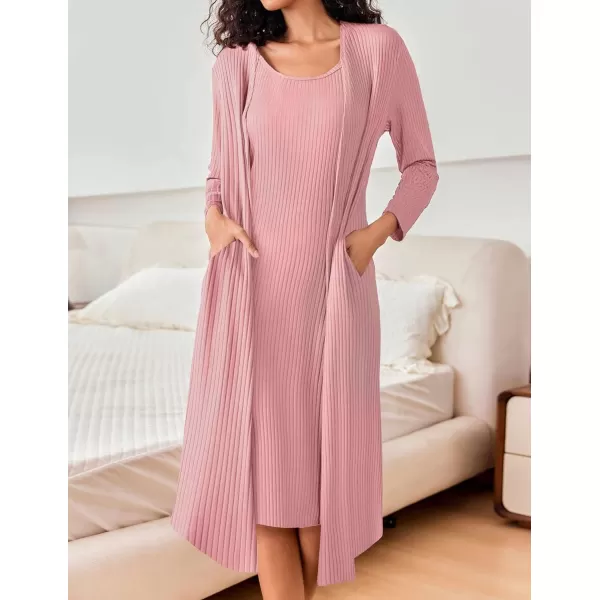 imageEkouaer Womens Knit Robe Set 2 Piece Nightgown with Robes Long Sleeves Lounge Sets with Pockets S 3XLPink