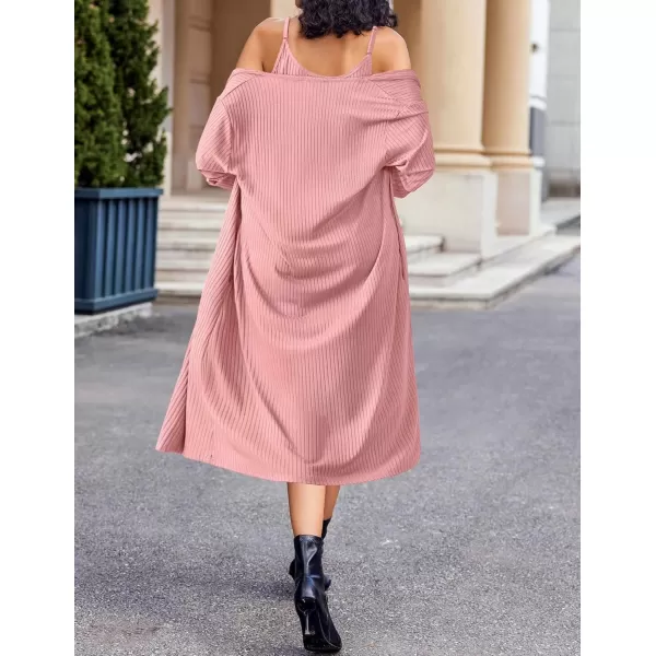 imageEkouaer Womens Knit Robe Set 2 Piece Nightgown with Robes Long Sleeves Lounge Sets with Pockets S 3XLPink