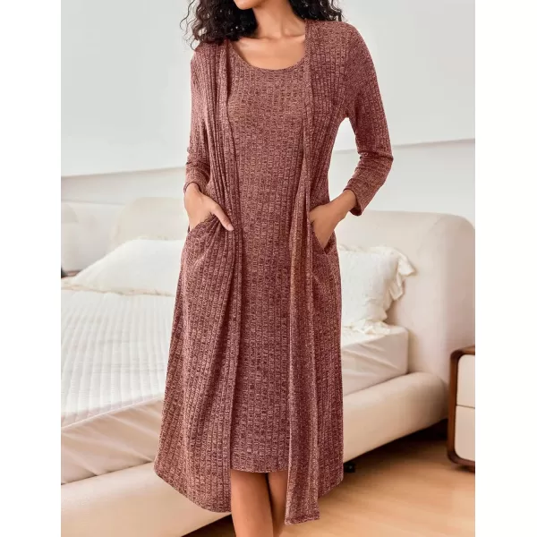 imageEkouaer Womens Knit Robe Set 2 Piece Nightgown with Robes Long Sleeves Lounge Sets with Pockets S 3XLPumpkin
