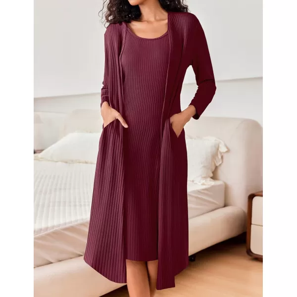 imageEkouaer Womens Knit Robe Set 2 Piece Nightgown with Robes Long Sleeves Lounge Sets with Pockets S 3XLWine Red
