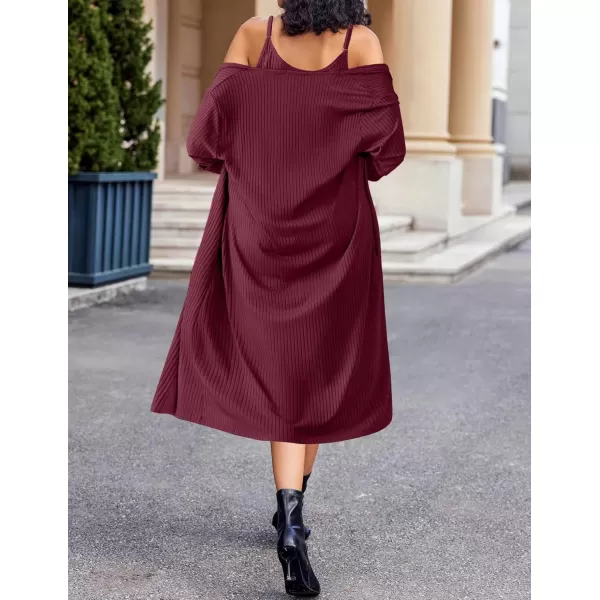 imageEkouaer Womens Knit Robe Set 2 Piece Nightgown with Robes Long Sleeves Lounge Sets with Pockets S 3XLWine Red
