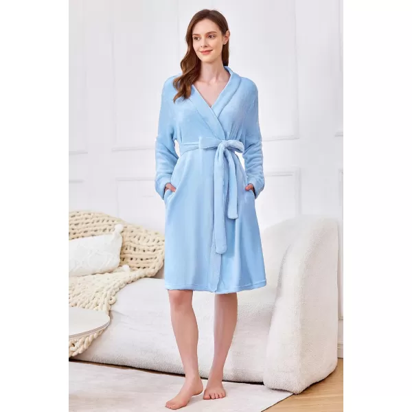 imageEkouaer Womens Plush Robes Soft Bathrobe Knee Length Warm Soft Robe Fleece Loungewear with Pockets SXXLZ Light Blue