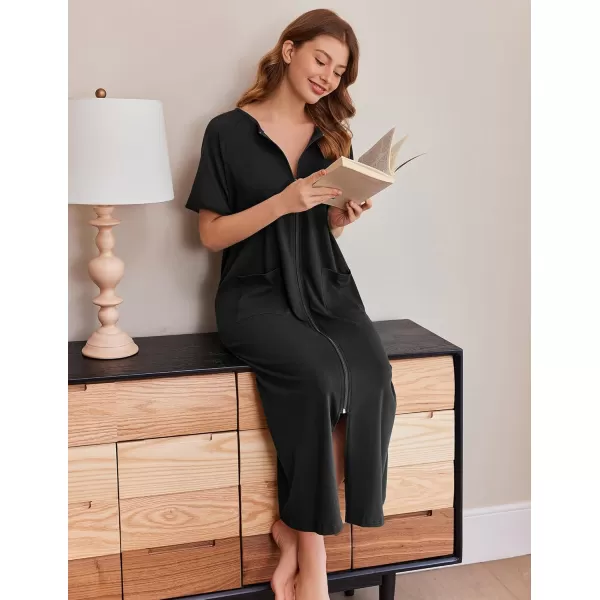 imageEkouaer Womens Zipper Robes Full Length Short Sleeve Housecoats House Dress with Pockets Loungewear Nightgown S4XLBlack