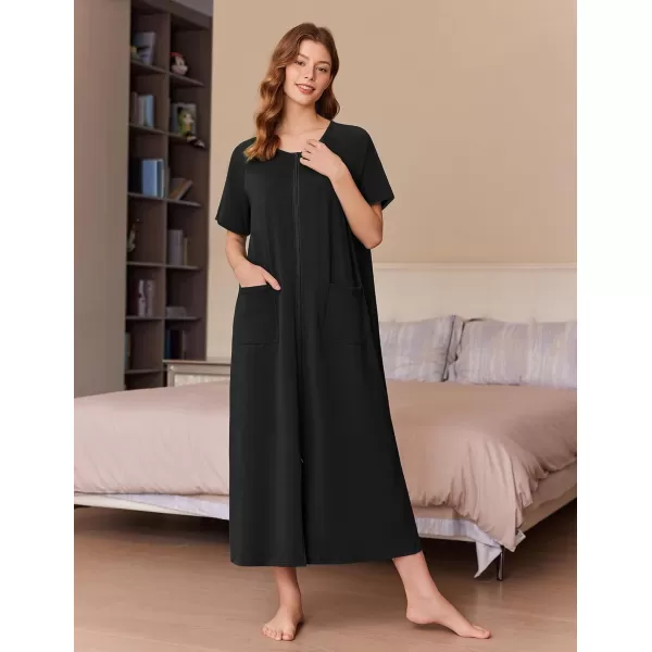 imageEkouaer Womens Zipper Robes Full Length Short Sleeve Housecoats House Dress with Pockets Loungewear Nightgown S4XLBlack
