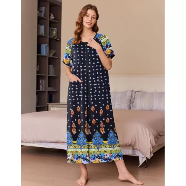 imageEkouaer Womens Zipper Robes Full Length Short Sleeve Housecoats House Dress with Pockets Loungewear Nightgown S4XLBlue Flower