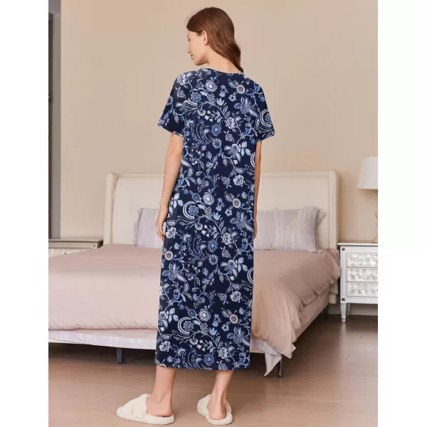 imageEkouaer Womens Zipper Robes Full Length Short Sleeve Housecoats House Dress with Pockets Loungewear Nightgown S4XLDark Blue Flower
