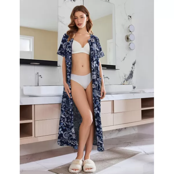 imageEkouaer Womens Zipper Robes Full Length Short Sleeve Housecoats House Dress with Pockets Loungewear Nightgown S4XLDark Blue Flower