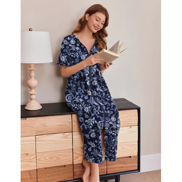 imageEkouaer Womens Zipper Robes Full Length Short Sleeve Housecoats House Dress with Pockets Loungewear Nightgown S4XLDark Blue Flower