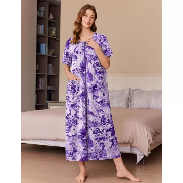imageEkouaer Womens Zipper Robes Full Length Short Sleeve Housecoats House Dress with Pockets Loungewear Nightgown S4XLPurple Flower