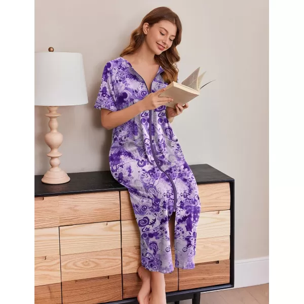 imageEkouaer Womens Zipper Robes Full Length Short Sleeve Housecoats House Dress with Pockets Loungewear Nightgown S4XLPurple Flower