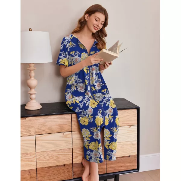 imageEkouaer Womens Zipper Robes Full Length Short Sleeve Housecoats House Dress with Pockets Loungewear Nightgown S4XLYellow Flower