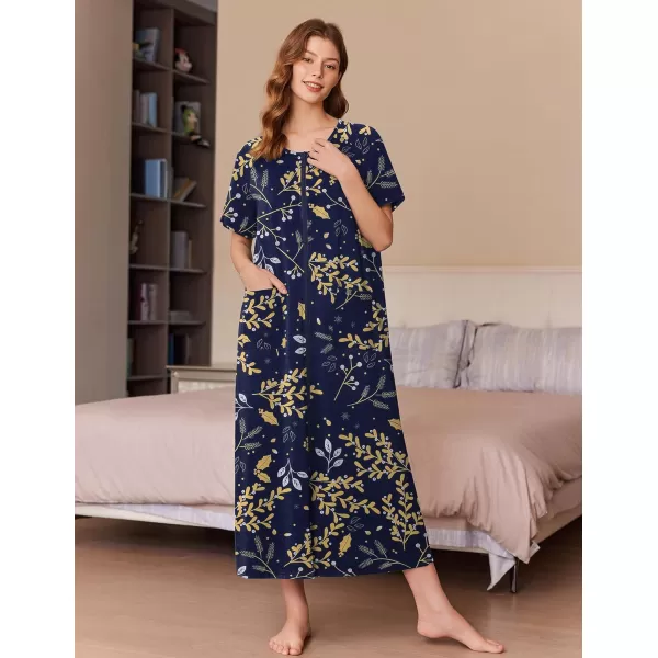imageEkouaer Womens Zipper Robes Full Length Short Sleeve Housecoats House Dress with Pockets Loungewear Nightgown S4XLYellow Leaves