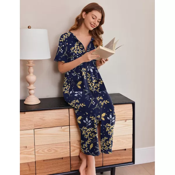imageEkouaer Womens Zipper Robes Full Length Short Sleeve Housecoats House Dress with Pockets Loungewear Nightgown S4XLYellow Leaves
