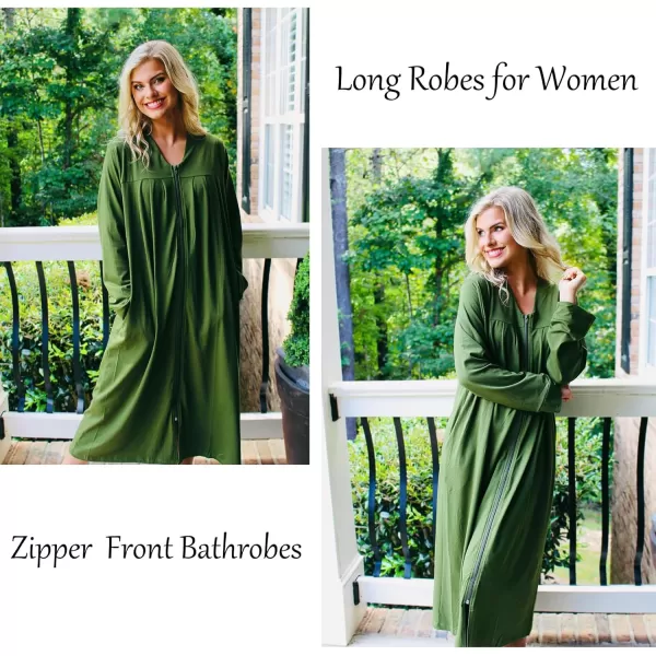 imageEkouaer Zipper Robes for Women Long Knit Bathrobes Lightweight Full Length Housecoat with Pockets Loungewear NightgownArmy Green