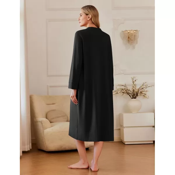 imageEkouaer Zipper Robes for Women Long Knit Bathrobes Lightweight Full Length Housecoat with Pockets Loungewear NightgownBlack