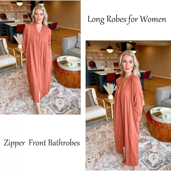 imageEkouaer Zipper Robes for Women Long Knit Bathrobes Lightweight Full Length Housecoat with Pockets Loungewear NightgownCaramel