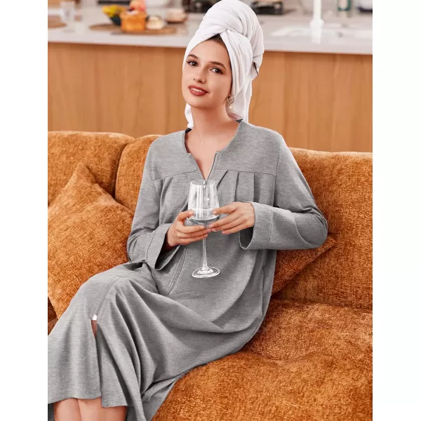 imageEkouaer Zipper Robes for Women Long Knit Bathrobes Lightweight Full Length Housecoat with Pockets Loungewear NightgownLight Gray