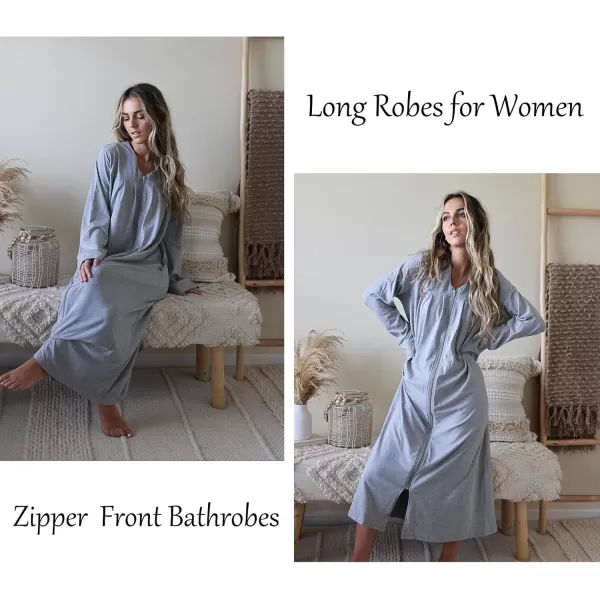 imageEkouaer Zipper Robes for Women Long Knit Bathrobes Lightweight Full Length Housecoat with Pockets Loungewear NightgownLight Gray