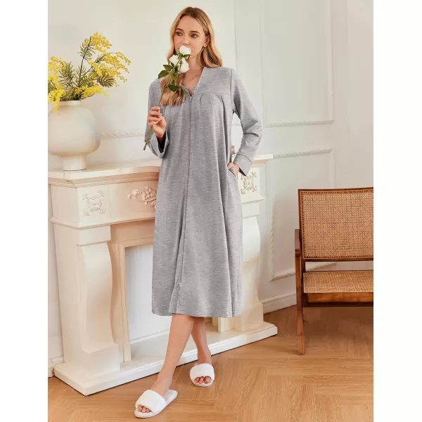 imageEkouaer Zipper Robes for Women Long Knit Bathrobes Lightweight Full Length Housecoat with Pockets Loungewear NightgownLight Gray