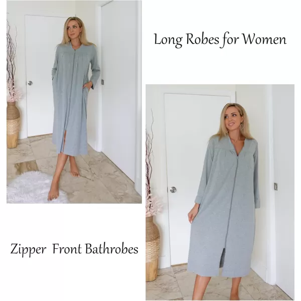 imageEkouaer Zipper Robes for Women Long Knit Bathrobes Lightweight Full Length Housecoat with Pockets Loungewear NightgownLight Gray