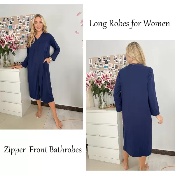 imageEkouaer Zipper Robes for Women Long Knit Bathrobes Lightweight Full Length Housecoat with Pockets Loungewear NightgownNavy Blue