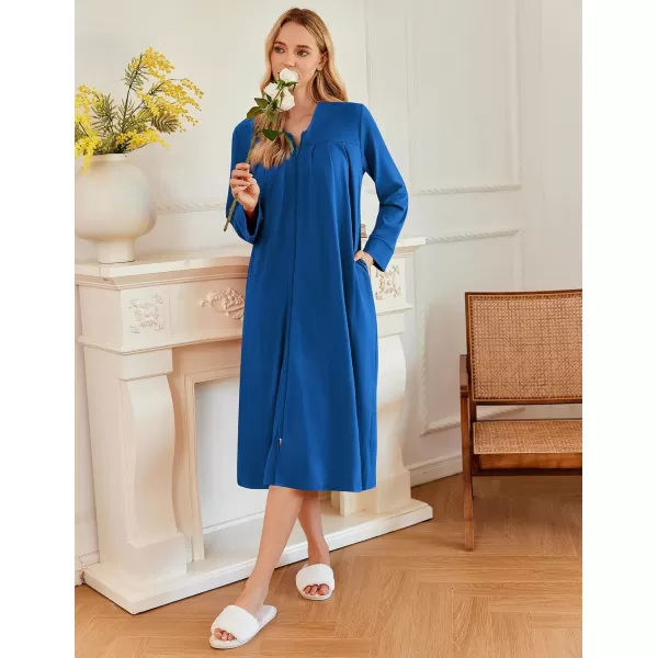 imageEkouaer Zipper Robes for Women Long Knit Bathrobes Lightweight Full Length Housecoat with Pockets Loungewear NightgownSnorkel Blue