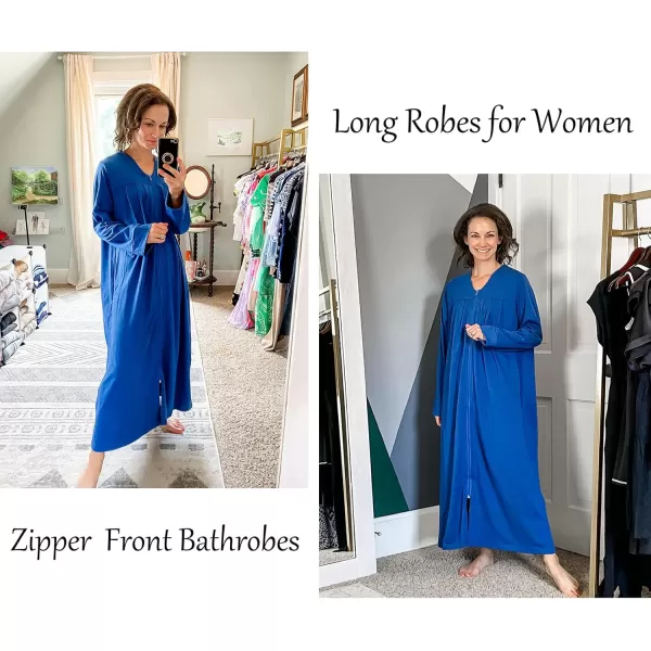 imageEkouaer Zipper Robes for Women Long Knit Bathrobes Lightweight Full Length Housecoat with Pockets Loungewear NightgownSnorkel Blue