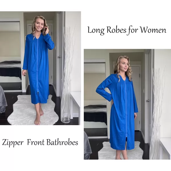 imageEkouaer Zipper Robes for Women Long Knit Bathrobes Lightweight Full Length Housecoat with Pockets Loungewear NightgownSnorkel Blue