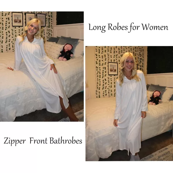 imageEkouaer Zipper Robes for Women Long Knit Bathrobes Lightweight Full Length Housecoat with Pockets Loungewear NightgownWhite