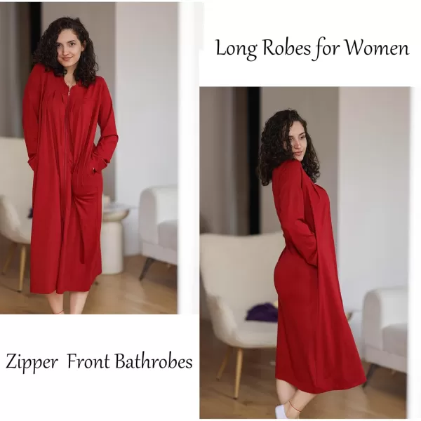 imageEkouaer Zipper Robes for Women Long Knit Bathrobes Lightweight Full Length Housecoat with Pockets Loungewear NightgownWine Red