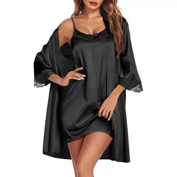 imageEkouaer Sleepwear Womens Satin Nightgown with Robes Set 2 Piece Sexy Lace Cami NightwearBlack