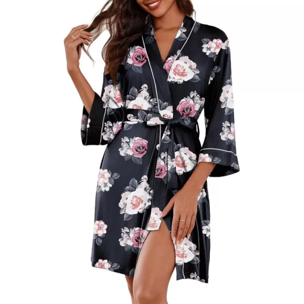 imageEkouaer Women Kimono Robes Knee Length Knit Bathrobe Lightweight Soft Sleepwear Vneck Casual Ladies LoungewearBlack Floral