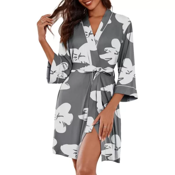 imageEkouaer Women Kimono Robes Knee Length Knit Bathrobe Lightweight Soft Sleepwear Vneck Casual Ladies LoungewearGrey Floral