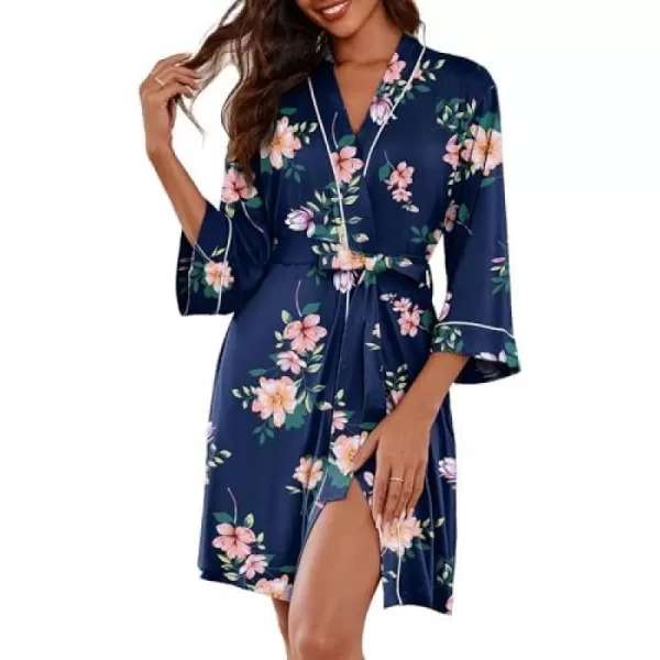 imageEkouaer Women Kimono Robes Knee Length Knit Bathrobe Lightweight Soft Sleepwear Vneck Casual Ladies LoungewearNavy Blue Floral