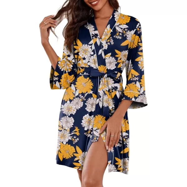 imageEkouaer Women Kimono Robes Knee Length Knit Bathrobe Lightweight Soft Sleepwear Vneck Casual Ladies LoungewearNavy Blue Floralb