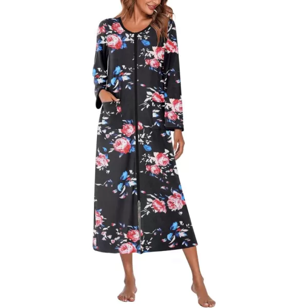 imageEkouaer Women Long House Coat Zipper Front Robes Full Length Nightgowns with Pockets Striped Loungewear S4XLBlack Floral