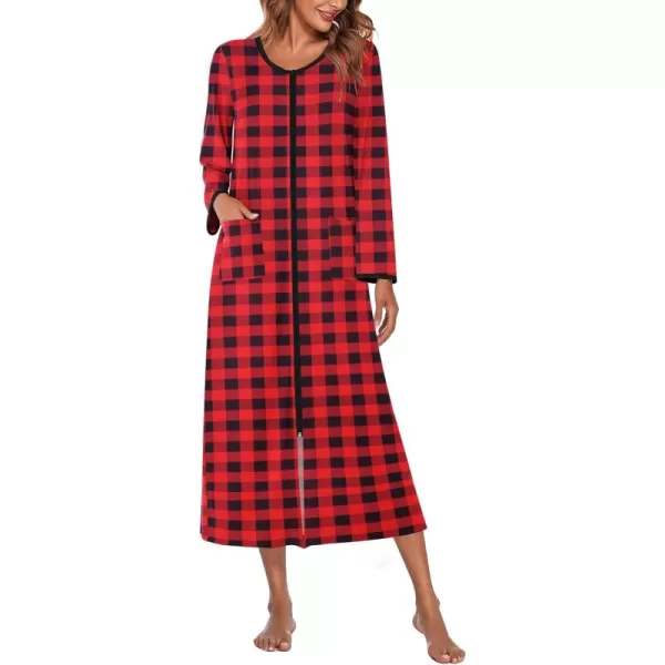 imageEkouaer Women Long House Coat Zipper Front Robes Full Length Nightgowns with Pockets Striped Loungewear S4XLBlack and Red Plaid