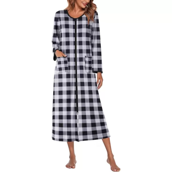 imageEkouaer Women Long House Coat Zipper Front Robes Full Length Nightgowns with Pockets Striped Loungewear S4XLBlack and White Plaid