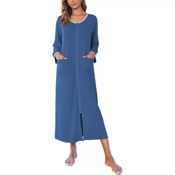 imageEkouaer Women Long House Coat Zipper Front Robes Full Length Nightgowns with Pockets Striped Loungewear S4XLBlue