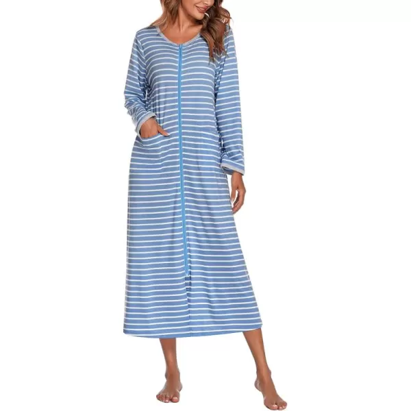 imageEkouaer Women Long House Coat Zipper Front Robes Full Length Nightgowns with Pockets Striped Loungewear S4XLBlue and White Stripes