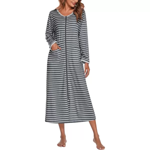 imageEkouaer Women Long House Coat Zipper Front Robes Full Length Nightgowns with Pockets Striped Loungewear S4XLDark Grey Stripes