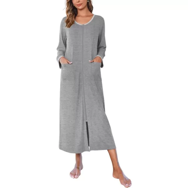 imageEkouaer Women Long House Coat Zipper Front Robes Full Length Nightgowns with Pockets Striped Loungewear S4XLLight Grey