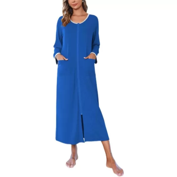 imageEkouaer Women Long House Coat Zipper Front Robes Full Length Nightgowns with Pockets Striped Loungewear S4XLNavy