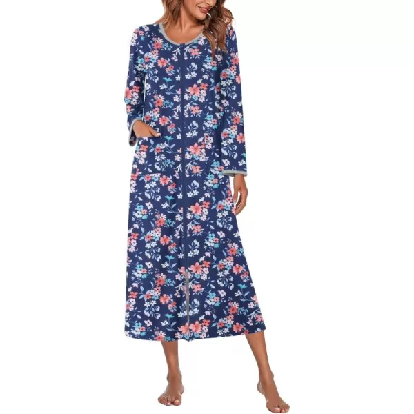 imageEkouaer Women Long House Coat Zipper Front Robes Full Length Nightgowns with Pockets Striped Loungewear S4XLNavy Blue Floral