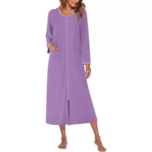 imageEkouaer Women Long House Coat Zipper Front Robes Full Length Nightgowns with Pockets Striped Loungewear S4XLPurple