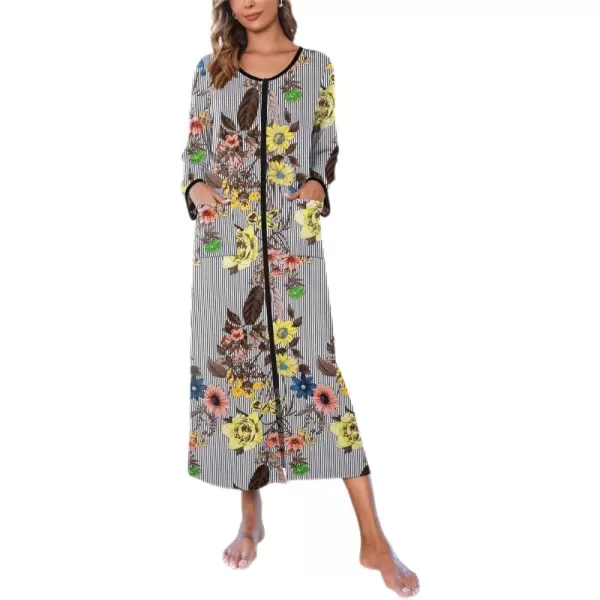 imageEkouaer Women Long House Coat Zipper Front Robes Full Length Nightgowns with Pockets Striped Loungewear S4XLStriped Floral