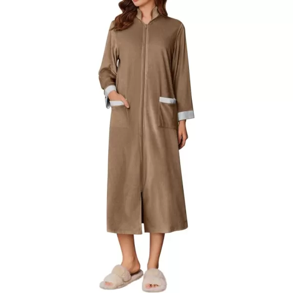 imageEkouaer Women Zipper Robe Long Sleeve House Coats Velour Robes Soft Bathrobe with Pockets Nightgown S3XLBrown