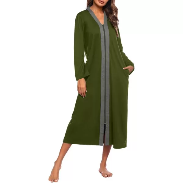 imageEkouaer Women Zipper Robe Long Sleeve Loungewear Lightweight Housecoat Full Length Nightgown with PocketsArmy Green