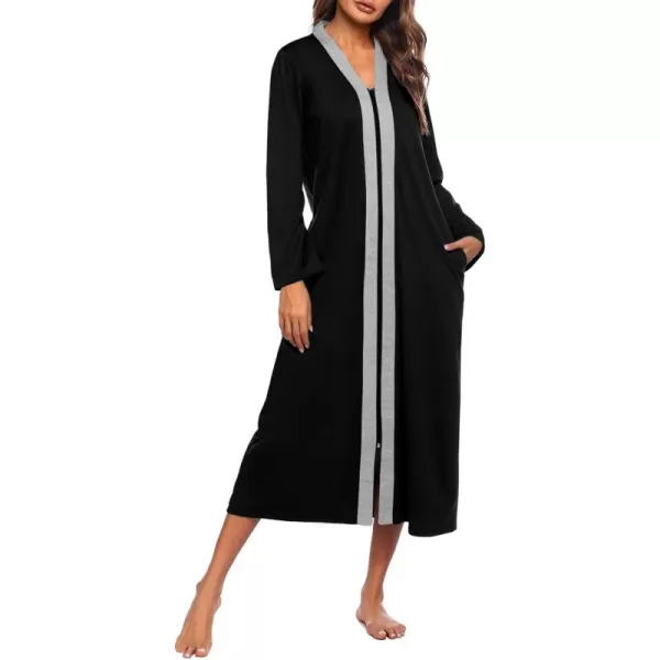 imageEkouaer Women Zipper Robe Long Sleeve Loungewear Lightweight Housecoat Full Length Nightgown with PocketsBlack